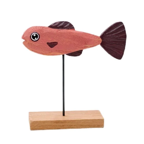 Handmade carved wooden fish figurine red decor