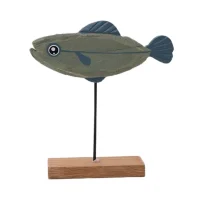 Handmade carved wooden fish figurine blue gray decor