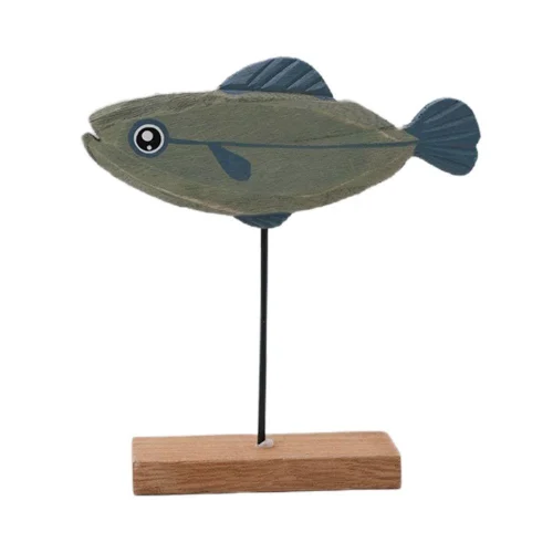Handmade carved wooden fish figurine blue gray decor
