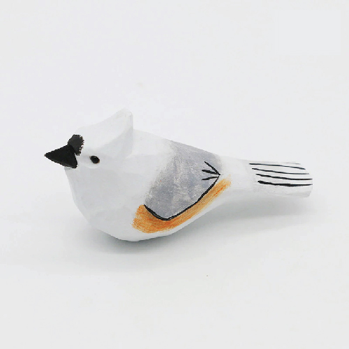 Handmade carved wooden bird figurine white gray decor
